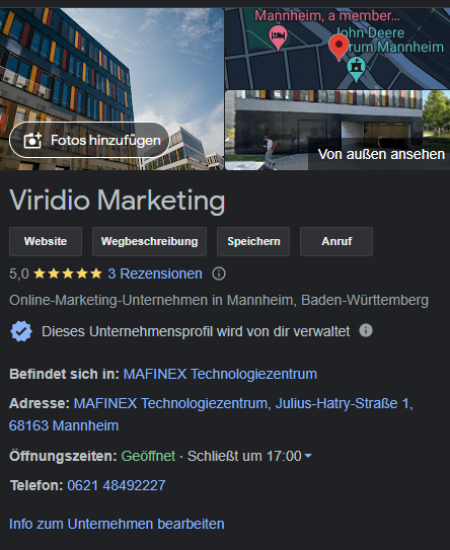 Google-Business-Profil von Viridio Marketing